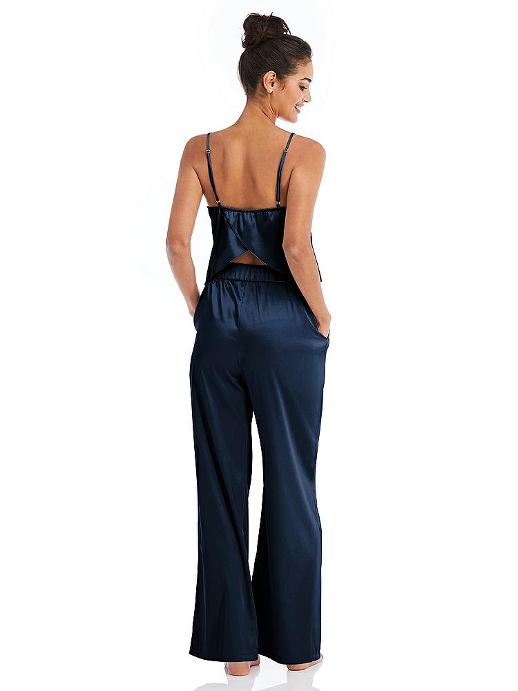 Back View - Midnight Navy Satin Wide-Leg Lounge Pants with Pockets - Ray