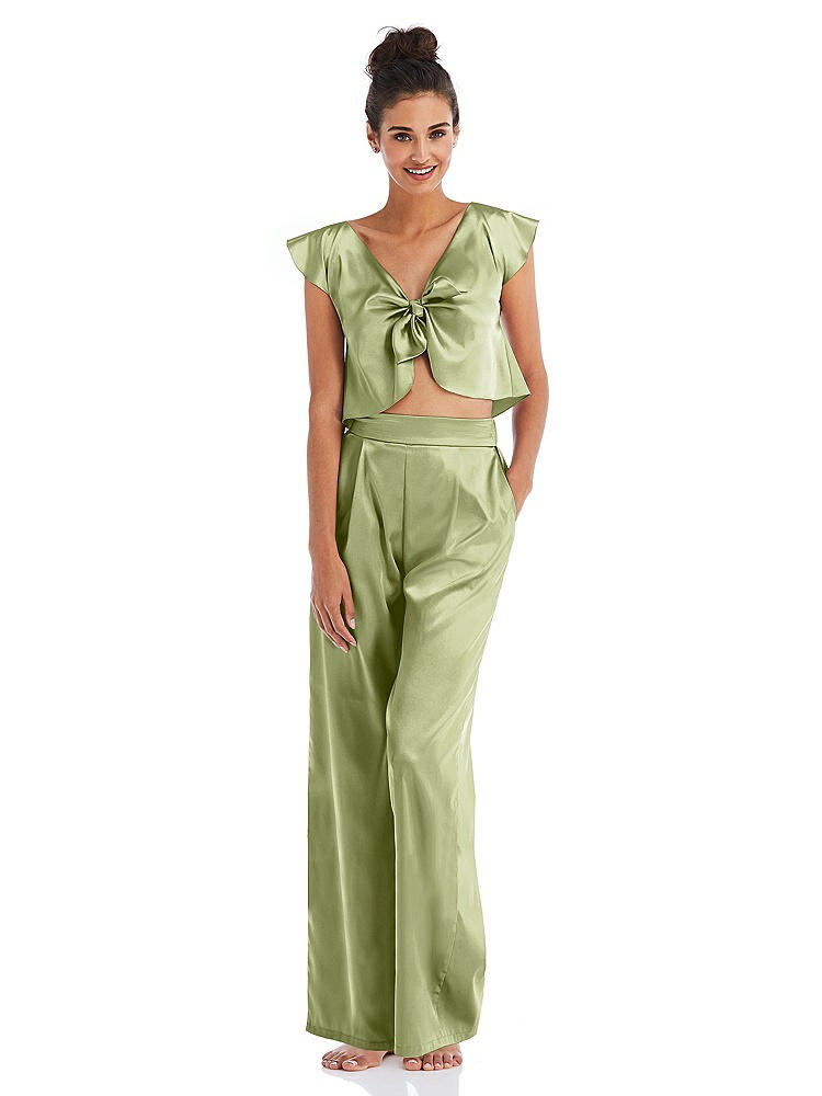 Front View - Mint Satin Wide-Leg Lounge Pants with Pockets - Ray