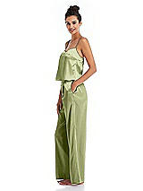 Side View Thumbnail - Mint Satin Wide-Leg Lounge Pants with Pockets - Ray