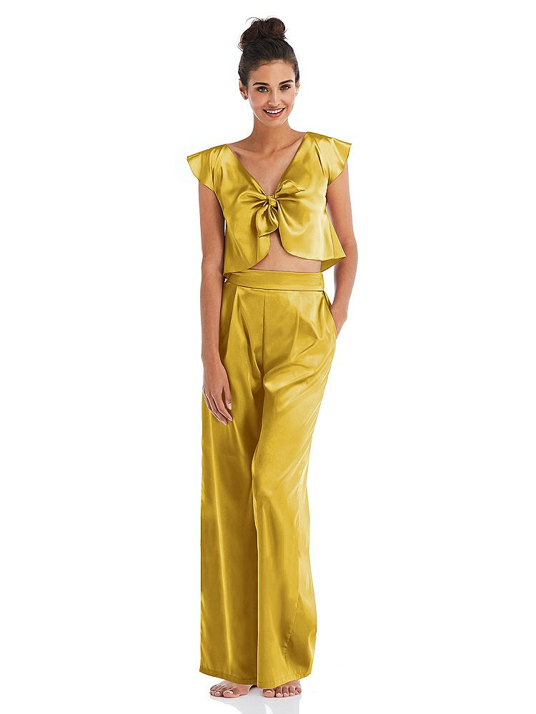 Front View - Marigold Satin Wide-Leg Lounge Pants with Pockets - Ray