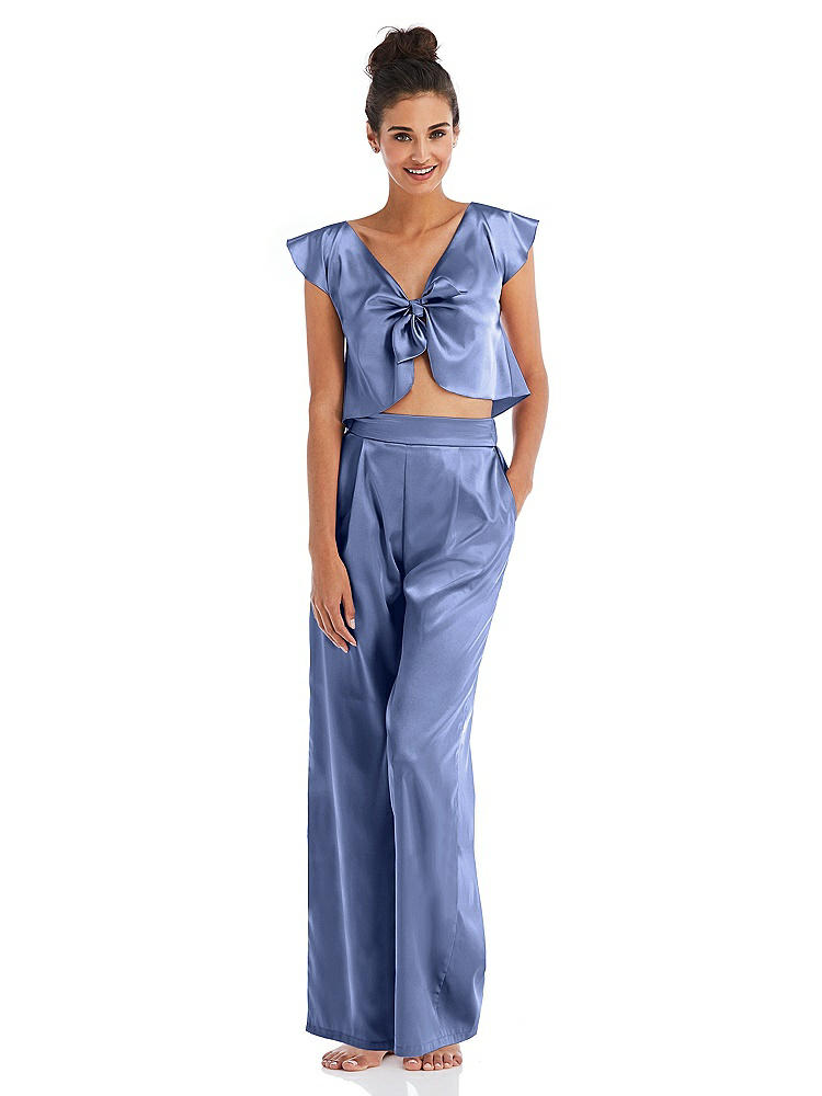 Front View - Periwinkle - PANTONE Serenity Satin Wide-Leg Lounge Pants with Pockets - Ray