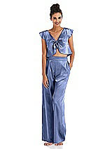 Front View Thumbnail - Periwinkle - PANTONE Serenity Satin Wide-Leg Lounge Pants with Pockets - Ray