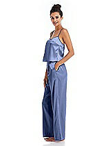 Side View Thumbnail - Periwinkle - PANTONE Serenity Satin Wide-Leg Lounge Pants with Pockets - Ray