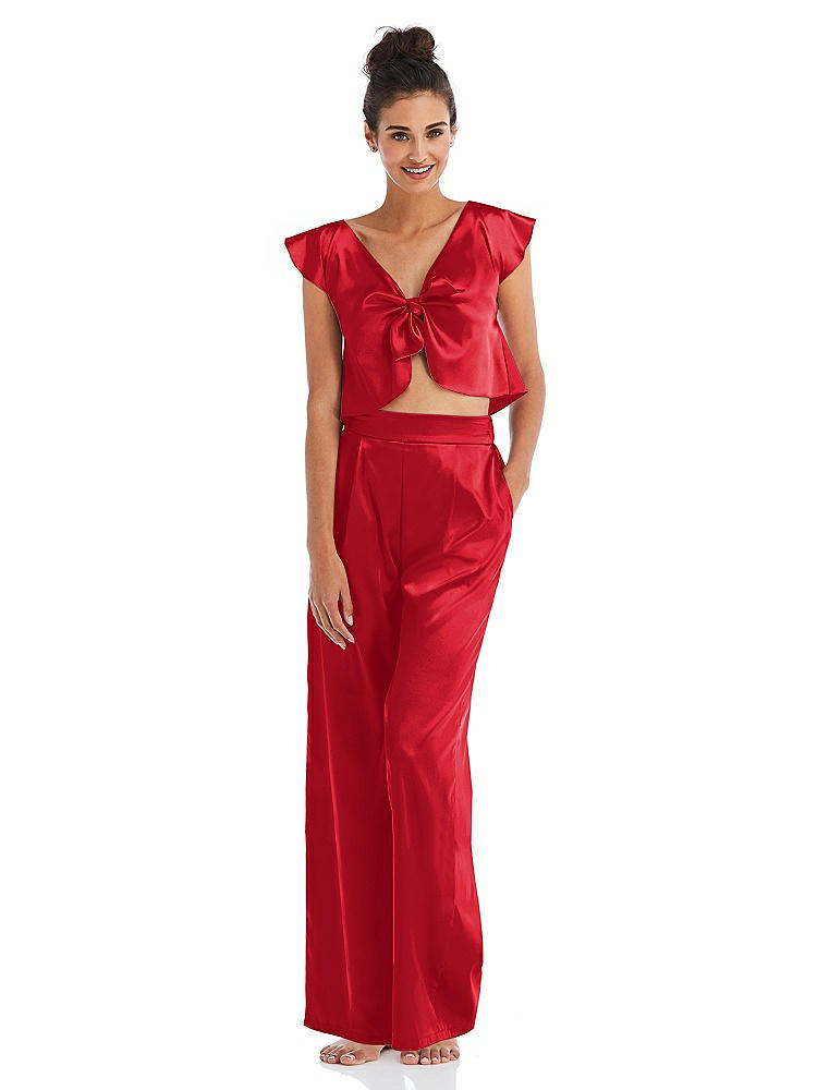 Front View - Parisian Red Satin Wide-Leg Lounge Pants with Pockets - Ray