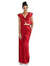 Front View Thumbnail - Parisian Red Satin Wide-Leg Lounge Pants with Pockets - Ray