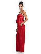Side View Thumbnail - Parisian Red Satin Wide-Leg Lounge Pants with Pockets - Ray