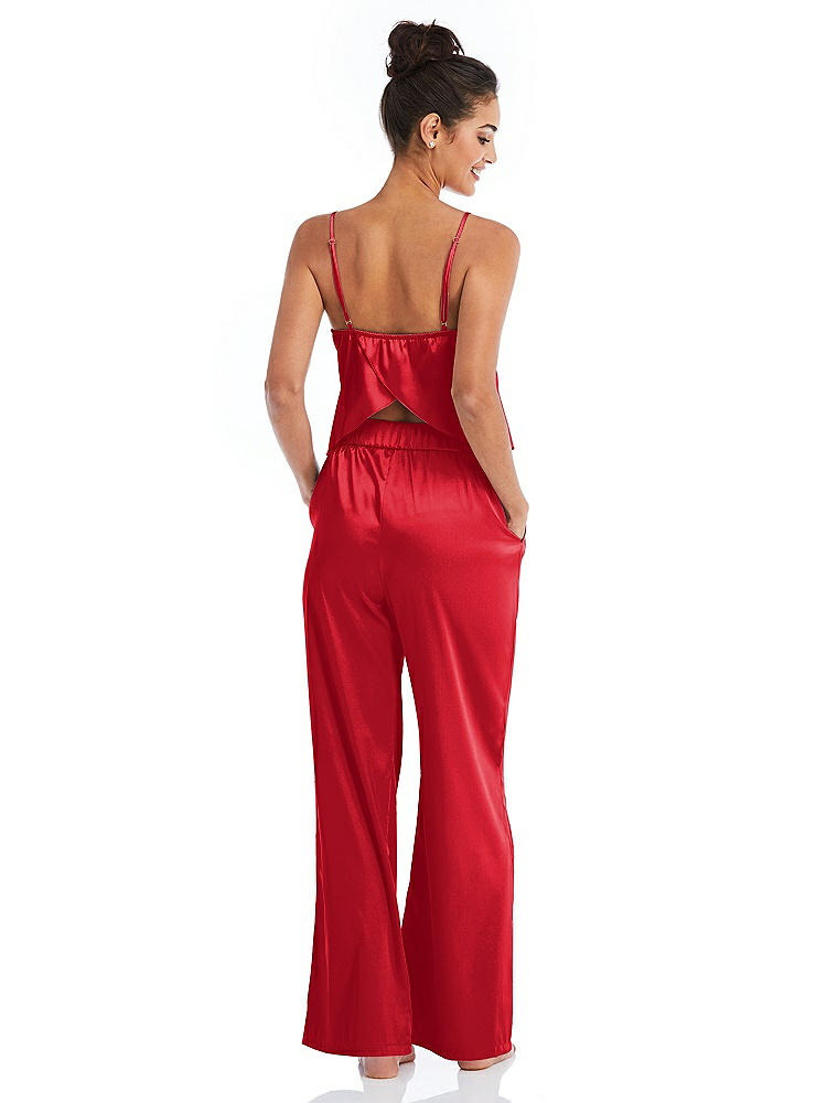 Back View - Parisian Red Satin Wide-Leg Lounge Pants with Pockets - Ray