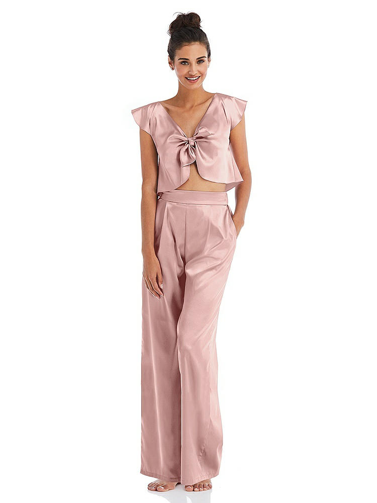 Front View - Rose - PANTONE Rose Quartz Satin Wide-Leg Lounge Pants with Pockets - Ray