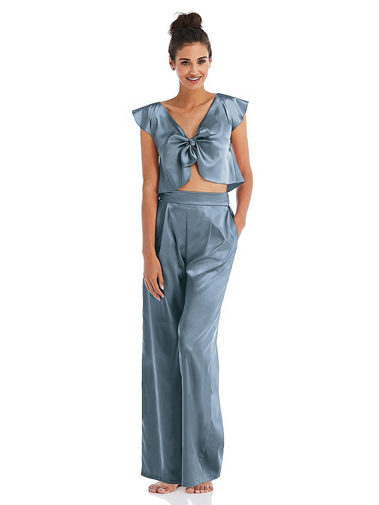 Front View - Slate Satin Wide-Leg Lounge Pants with Pockets - Ray