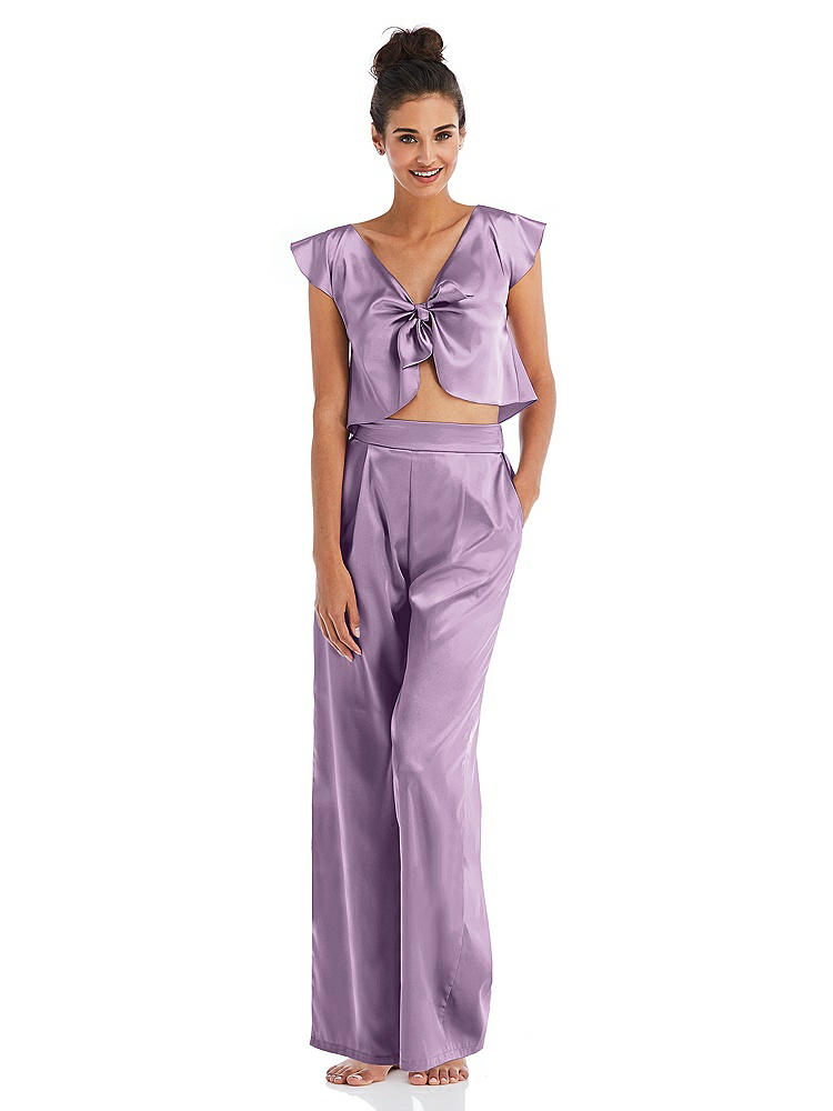 Front View - Wood Violet Satin Wide-Leg Lounge Pants with Pockets - Ray