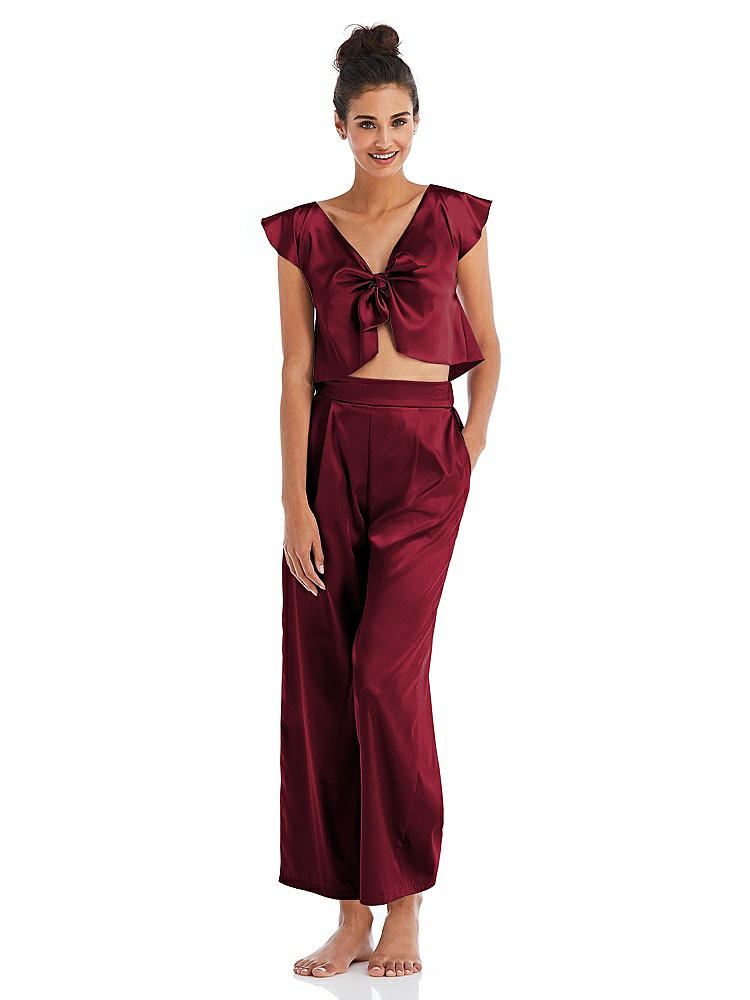 Front View - Burgundy Satin Ankle Wide-Leg Lounge Pants - Vic