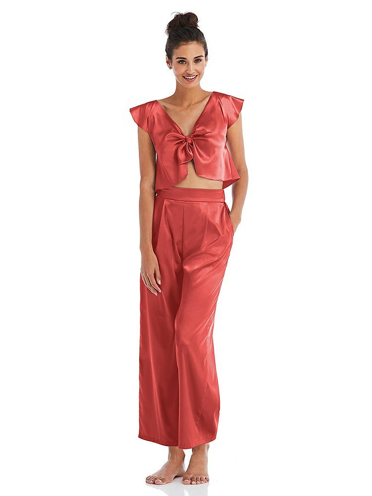 Front View - Perfect Coral Satin Ankle Wide-Leg Lounge Pants - Vic