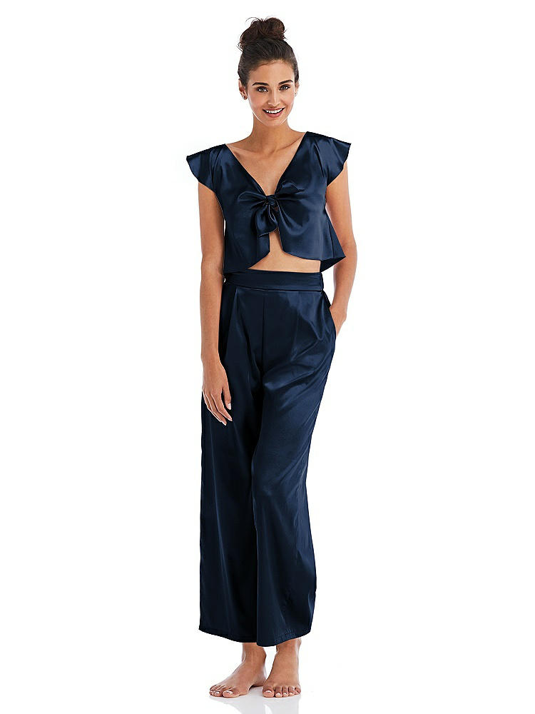 Front View - Midnight Navy Satin Ankle Wide-Leg Lounge Pants - Vic