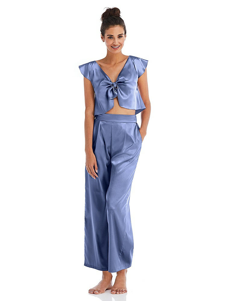 Front View - Periwinkle - PANTONE Serenity Satin Ankle Wide-Leg Lounge Pants - Vic