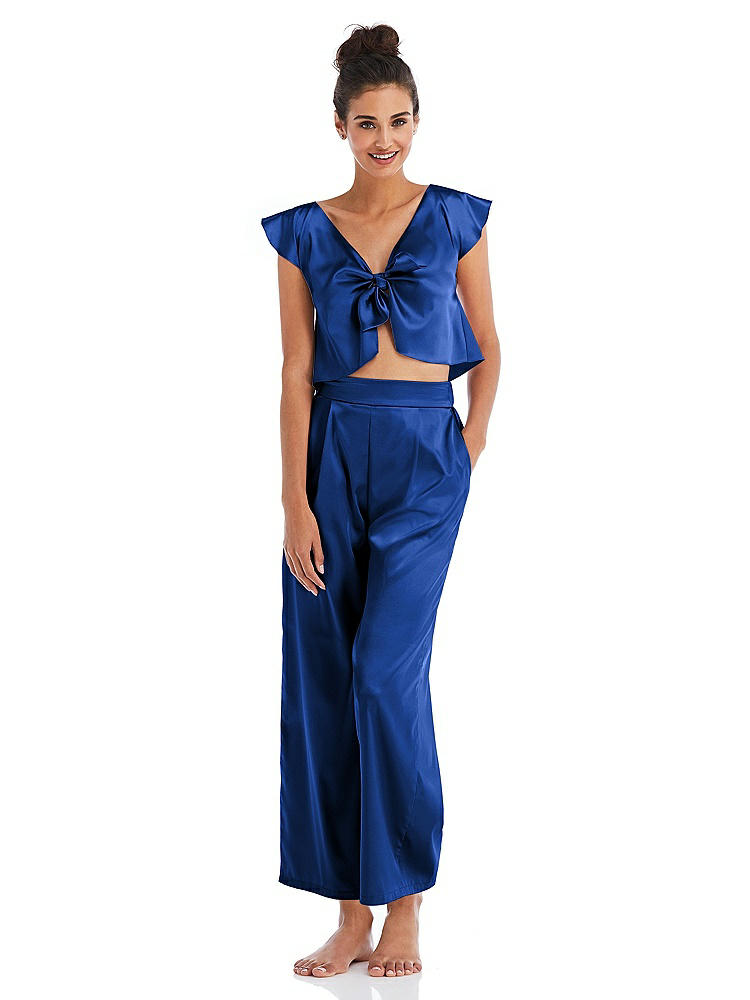 Front View - Sapphire Satin Ankle Wide-Leg Lounge Pants - Vic