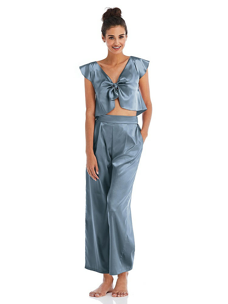 Front View - Slate Satin Ankle Wide-Leg Lounge Pants - Vic