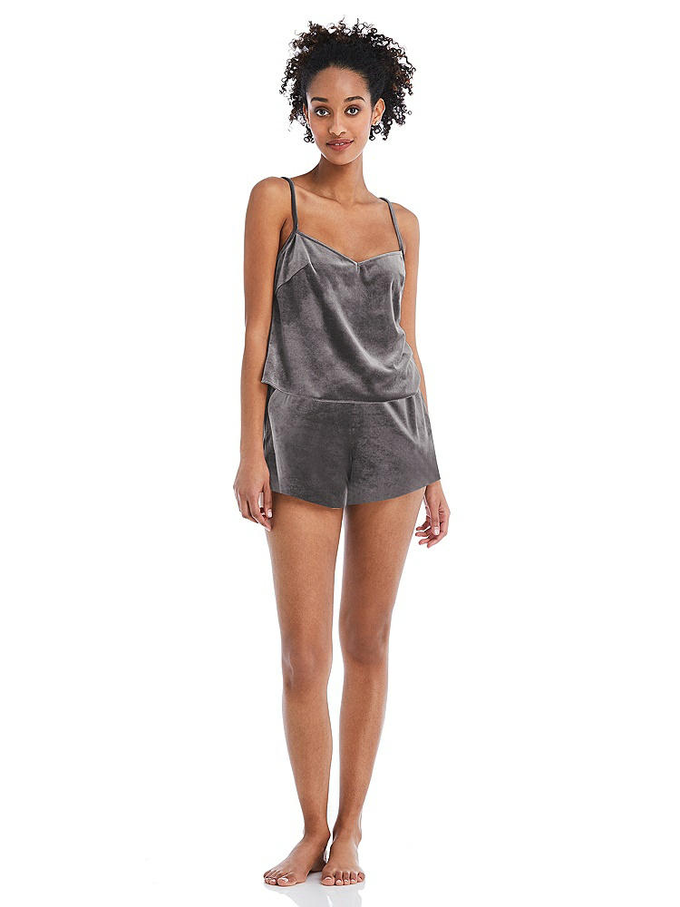 Front View - Caviar Gray Velvet Lounge Shorts with Pockets - Tessa