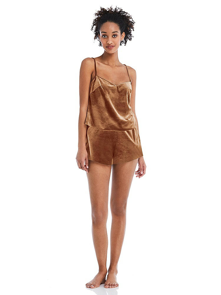 Front View - Golden Almond Velvet Lounge Shorts with Pockets - Tessa