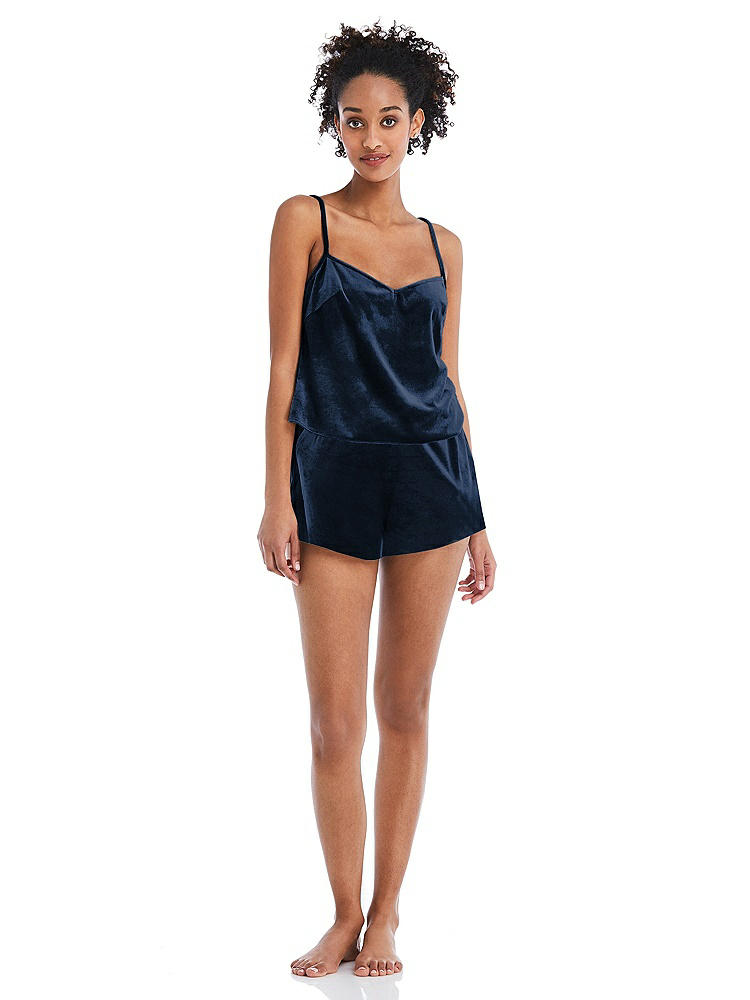 Front View - Midnight Navy Velvet Lounge Shorts with Pockets - Tessa