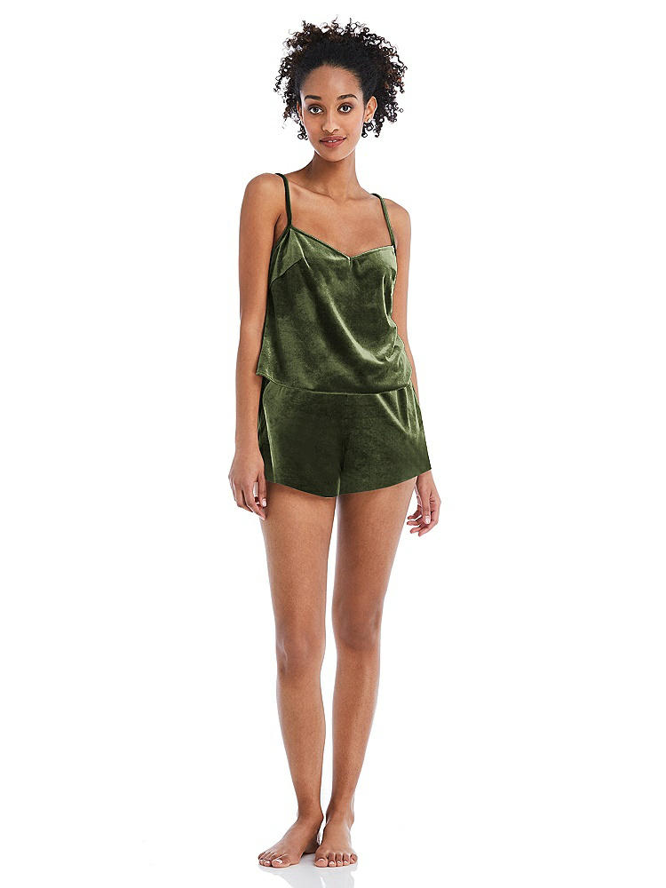 Front View - Olive Green Velvet Lounge Shorts with Pockets - Tessa