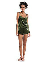 Front View Thumbnail - Olive Green Velvet Lounge Shorts with Pockets - Tessa