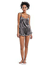 Front View Thumbnail - Caviar Gray Velvet Ruffle-Trimmed Lounge Shorts with Pockets - Willa