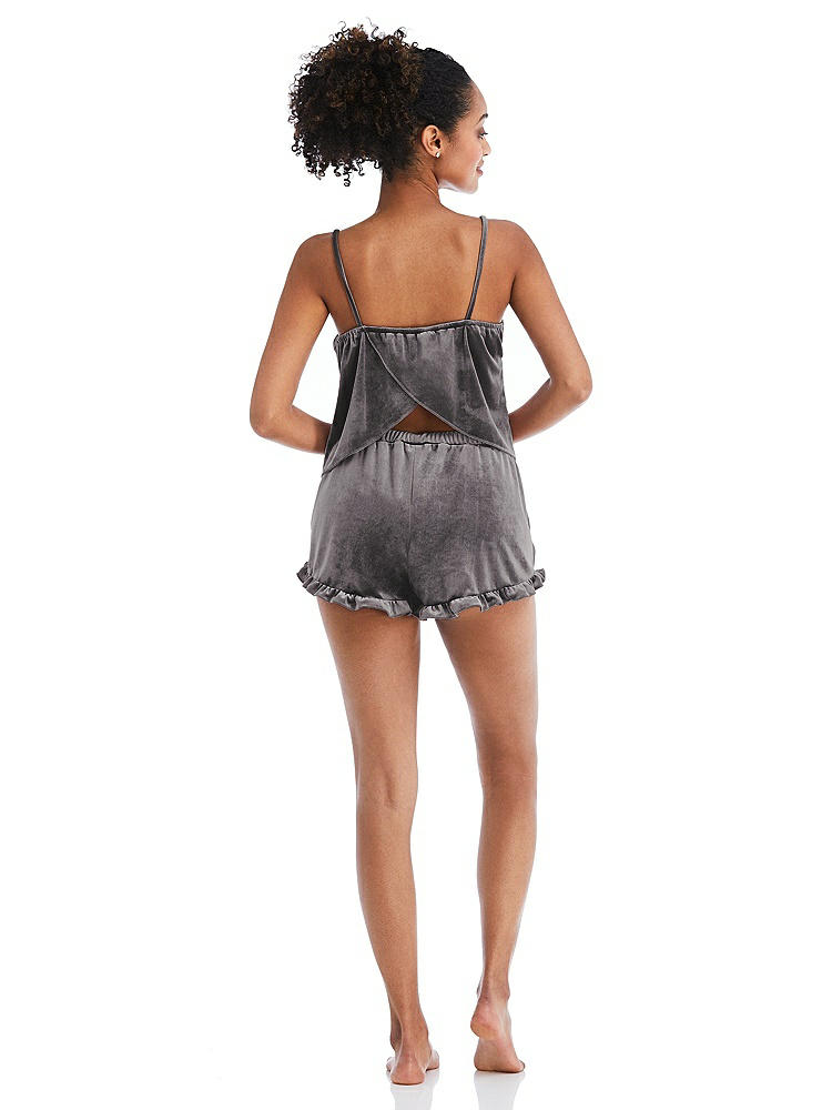 Back View - Caviar Gray Velvet Ruffle-Trimmed Lounge Shorts with Pockets - Willa