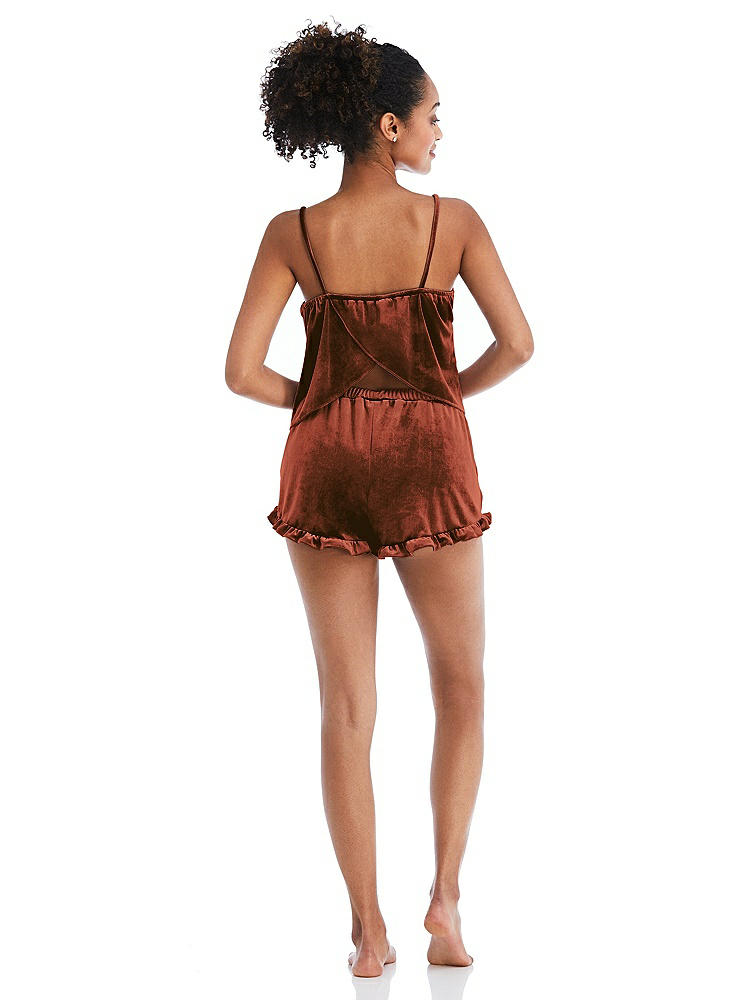 Back View - Auburn Moon Velvet Ruffle-Trimmed Lounge Shorts with Pockets - Willa