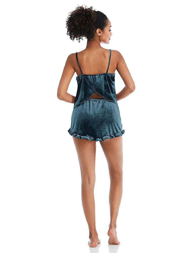 Back View - Dutch Blue Velvet Ruffle-Trimmed Lounge Shorts with Pockets - Willa
