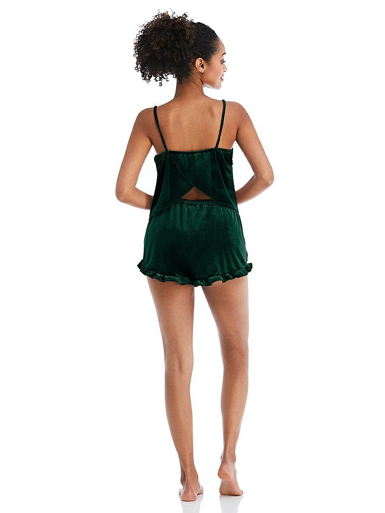 Back View - Evergreen Velvet Ruffle-Trimmed Lounge Shorts with Pockets - Willa