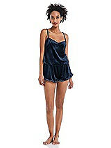 Front View Thumbnail - Midnight Navy Velvet Ruffle-Trimmed Lounge Shorts with Pockets - Willa