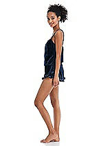 Side View Thumbnail - Midnight Navy Velvet Ruffle-Trimmed Lounge Shorts with Pockets - Willa