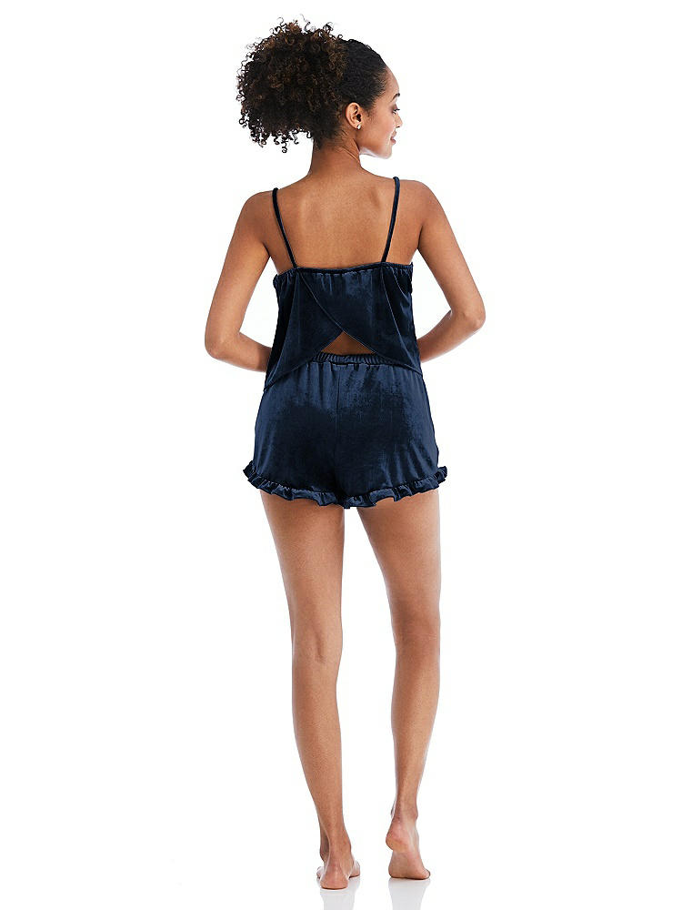 Back View - Midnight Navy Velvet Ruffle-Trimmed Lounge Shorts with Pockets - Willa