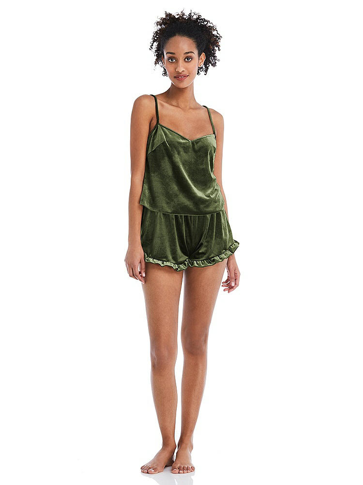 Front View - Olive Green Velvet Ruffle-Trimmed Lounge Shorts with Pockets - Willa