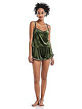 Front View Thumbnail - Olive Green Velvet Ruffle-Trimmed Lounge Shorts with Pockets - Willa