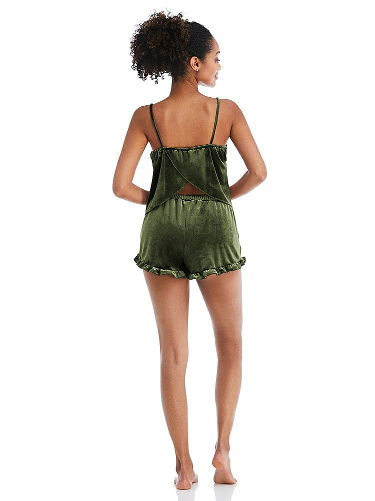 Back View - Olive Green Velvet Ruffle-Trimmed Lounge Shorts with Pockets - Willa