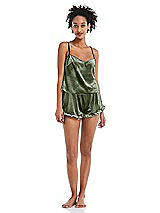 Front View Thumbnail - Sage Velvet Ruffle-Trimmed Lounge Shorts with Pockets - Willa
