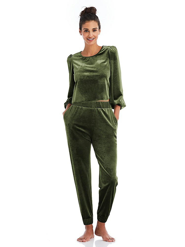 Front View - Olive Green Velvet Joggers with Pockets - May