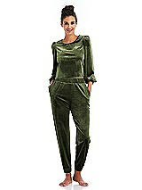 Front View Thumbnail - Olive Green Velvet Joggers with Pockets - May