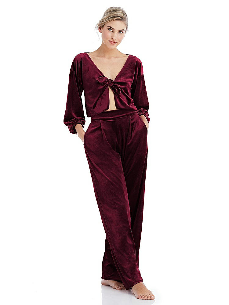 Front View - Cabernet Velvet Lounge Pants with Pockets - Cleo