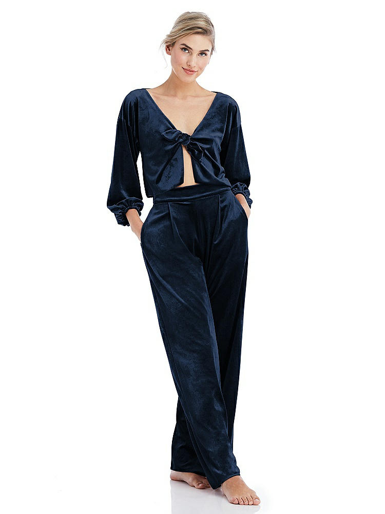 Front View - Midnight Navy Velvet Lounge Pants with Pockets - Cleo