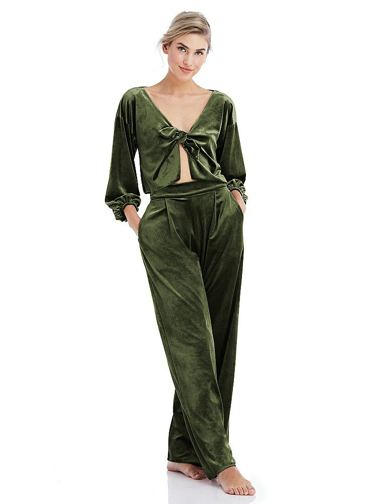 Front View - Olive Green Velvet Lounge Pants with Pockets - Cleo