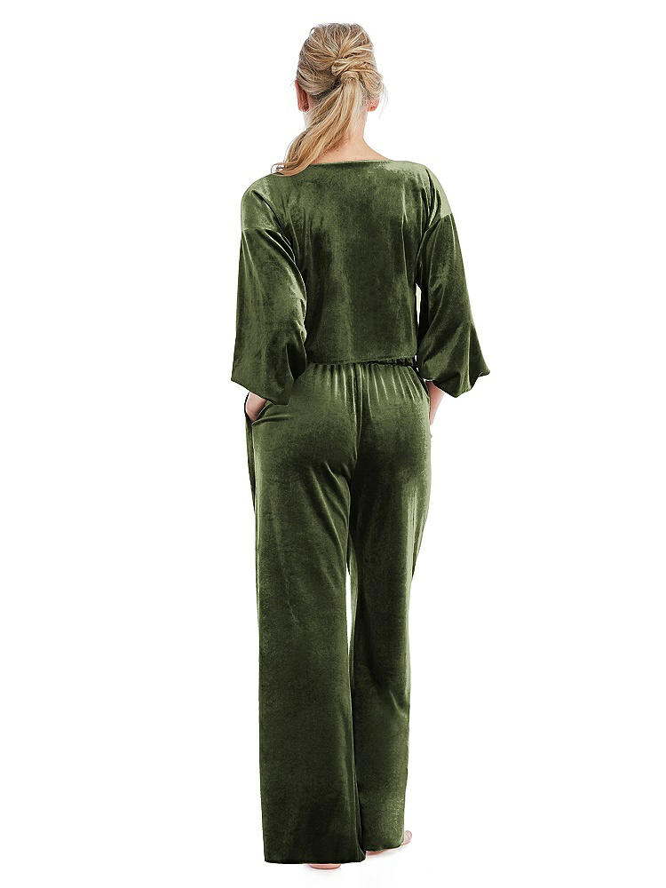 Back View - Olive Green Velvet Lounge Pants with Pockets - Cleo