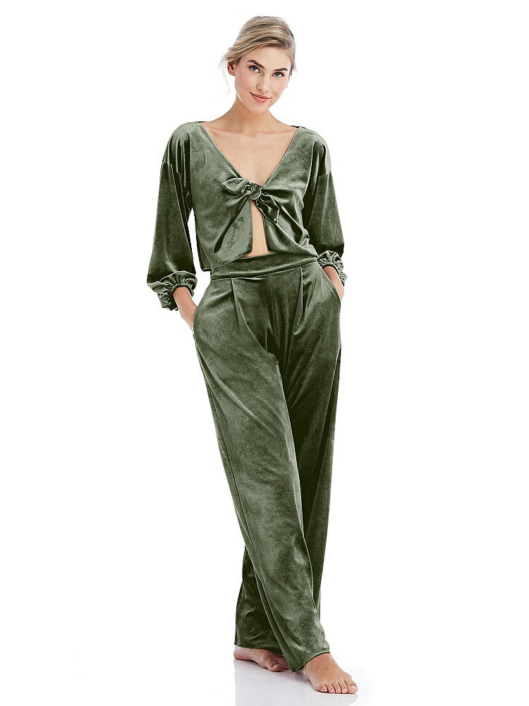Front View - Sage Velvet Lounge Pants with Pockets - Cleo
