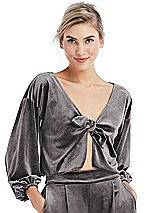 Front View Thumbnail - Caviar Gray Tie-Front Velvet Puff Sleeve Top - Poppy