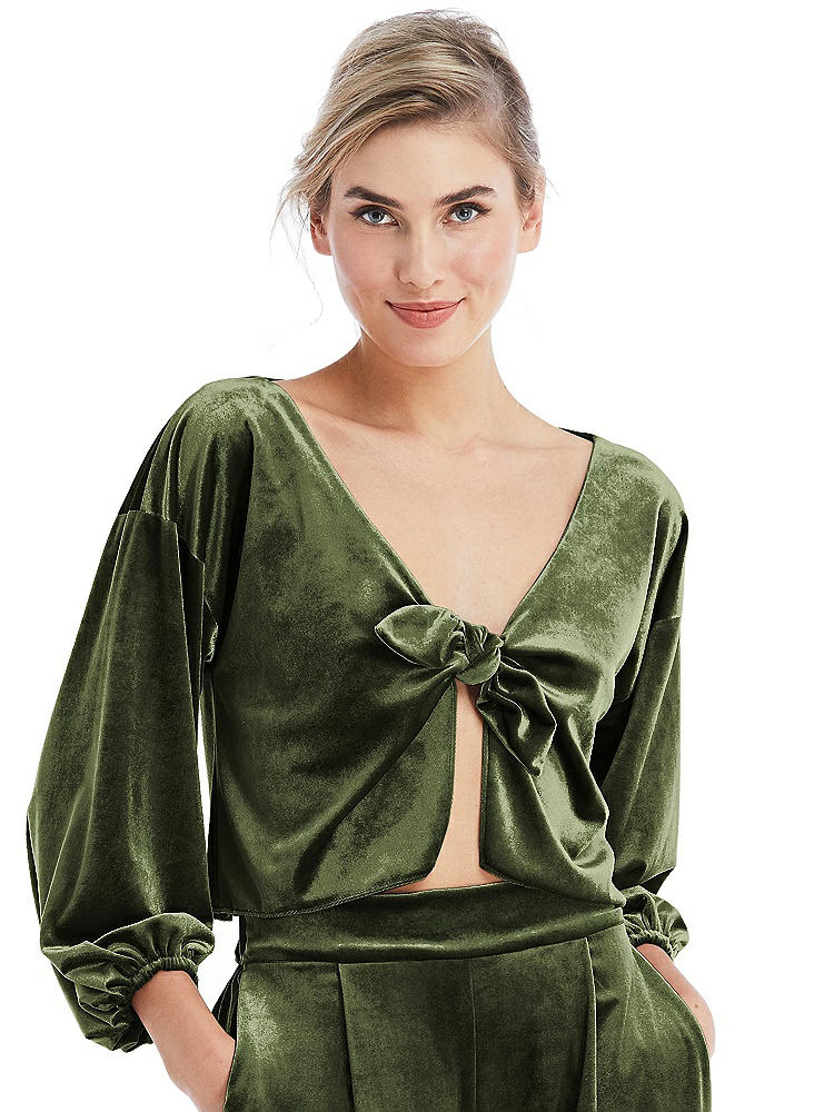 Front View - Olive Green Tie-Front Velvet Puff Sleeve Top - Poppy