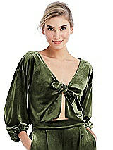 Front View Thumbnail - Olive Green Tie-Front Velvet Puff Sleeve Top - Poppy