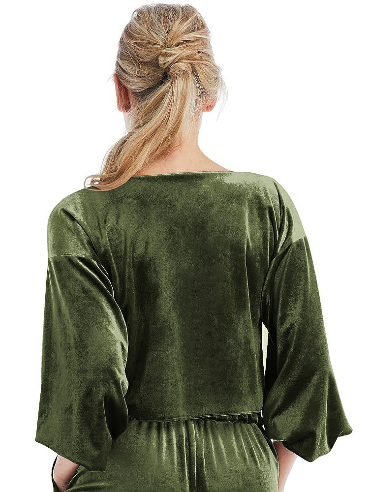 Back View - Olive Green Tie-Front Velvet Puff Sleeve Top - Poppy