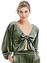 Front View Thumbnail - Sage Tie-Front Velvet Puff Sleeve Top - Poppy