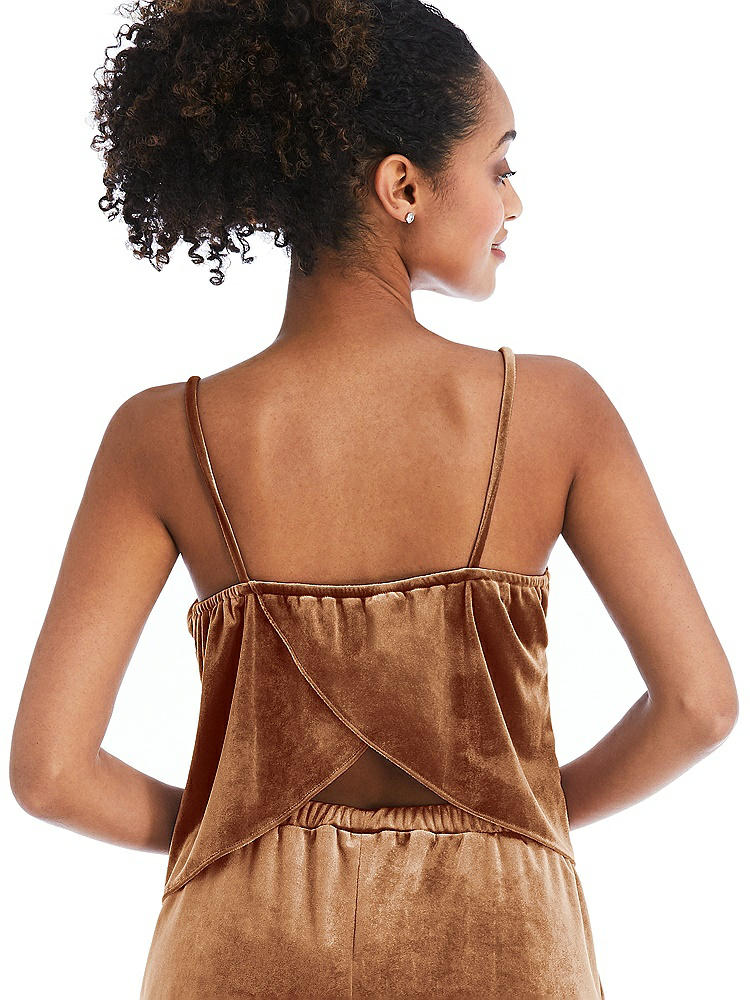 Back View - Golden Almond Split Back Slim Strap Velvet Cami - Sari